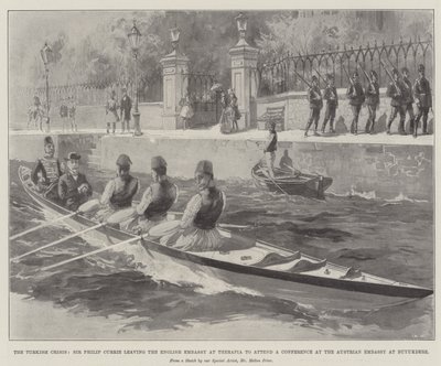 The Turkish Crisis, Sir Philip Currie leaving the English Embassy at Therapia to attend a Conference at the Austrian Embassy at Buyukdere by William Heysham Overend