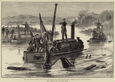 The War, Russian Officers taking down the Ottoman Flag from the Lutfi Djelil, Turkish Gun-Boat, sunk near Braila by William Heysham Overend