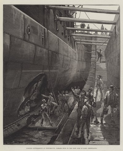 Torpedo Experiments at Portsmouth, Damage done to the Port Side of HMS Resistance by William Heysham Overend