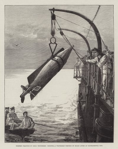 Torpedo Practice of HMS Thunderer, Hoisting a Whitehead Torpedo on Board after an Experimental Run by William Heysham Overend