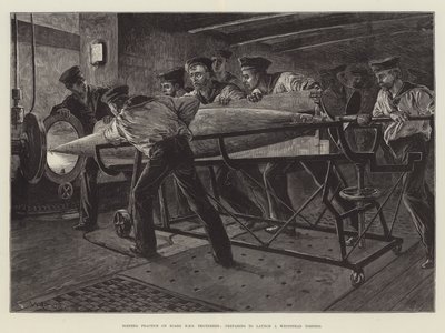 Torpedo Practice on Board HMS Thunderer, preparing to launch a Whitehead Torpedo by William Heysham Overend