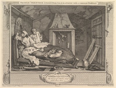 The Idle Prentice Returned from Sea and in a Garret with a Common Prostitute by William Hogarth