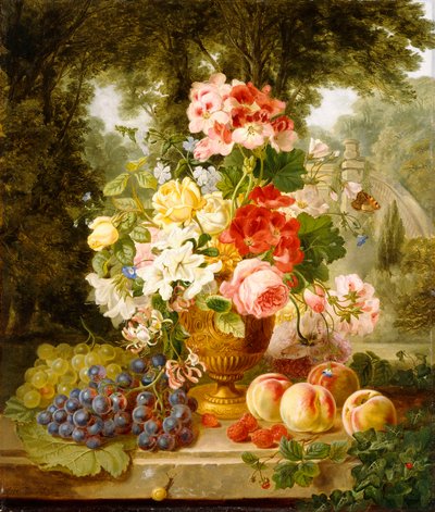 A Vase of Summer Flowers and Fruit on a Ledge in a Landscape by William John Wainwright