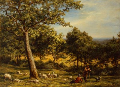 A Shepherd and His Flock in a Sunlit Wooded Landscape by William Linnell