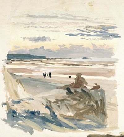 Characters on the Beach, Probably in Amble, with the Silhouette of Fort Vauban in the Light of Dusk by William Lionel Wyllie