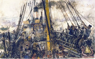 Coal pickers on board a boat, lifting the coal cargo from the cargo hold using a pulley system by William Lionel Wyllie