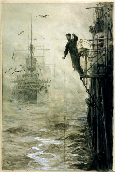 Find your way through the fog, with a sailor balancing on the runway, holding a plumb line, in the foreground to measure the depth of the water by William Lionel Wyllie