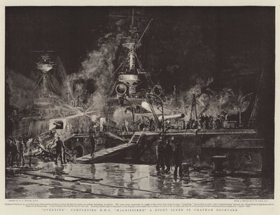 Overtime, completing HMS Magnificent, a Night Scene in Chatham Dockyard by William Lionel Wyllie