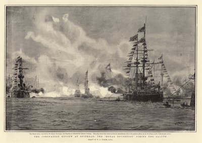 The Coronation Review at Spithead, the Royal Sovereign Firing the Salute by William Lionel Wyllie
