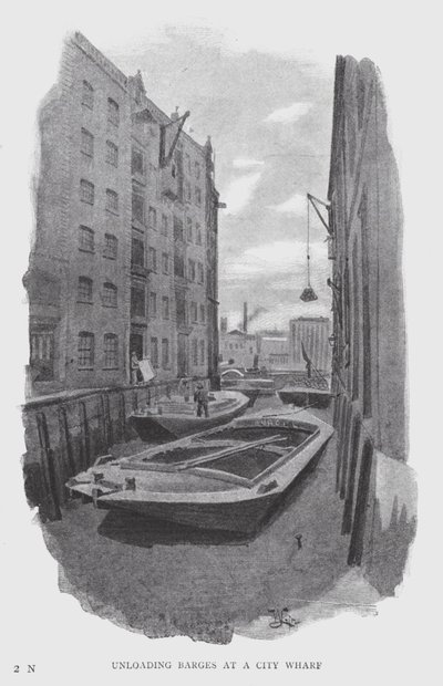 Unloading Barges at a City Wharf by William Luker