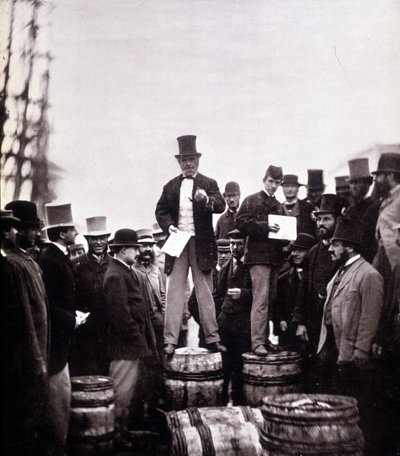 Scene of political discourse on the street: the man stands on a barrel and speaks to an exclusively male crowd. Photograph by William Notman (1826-1891), Musee McCord Museum, Montreal. End of the 19th century by William Notman