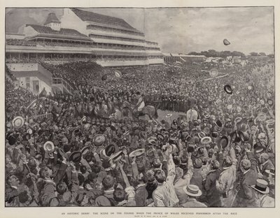 A Historic Derby, the Scene on the Course when the Prince of Wales received Persimmon after the Race by William Small