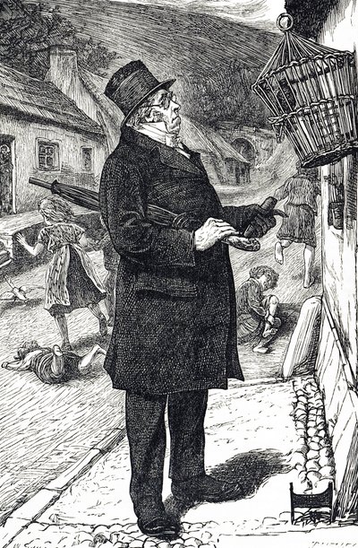 Cartoon depicting a top-hatted man outraged by a pet starling disturbing the Sabbath by making the children laugh and shout at its language by William Small