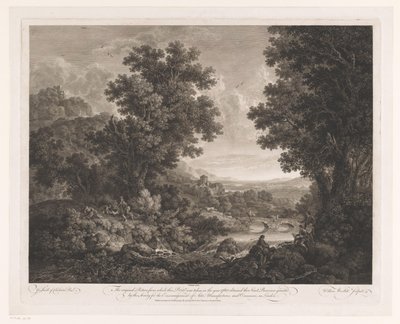 Landscape with Figures Around a Fire and a Draughtsman and Shawm Player on the Bank of a River by William Woollett