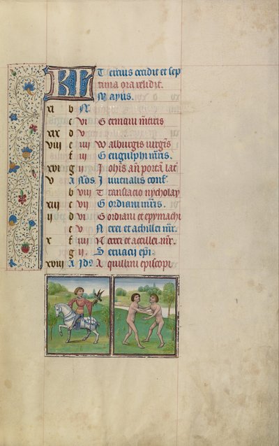 A Man Hawking; Zodiacal Sign of Gemini by Workshop of Willem Vrelant