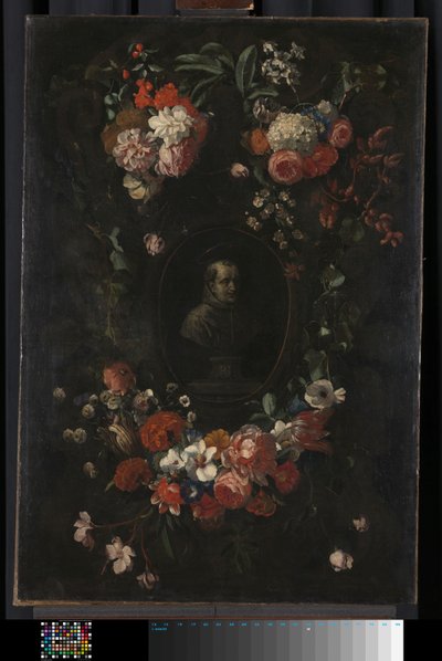 Feigned Sculpted Bust of the Blessed Hieronymus Werdanus Set in a Feigned Stone Cartouche, Decorated with a Swag and Two Bunches of Flowers by Wouter Gysaerts
