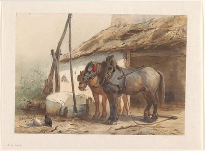 Two Horses Standing in Front of a Stable by Wouter  Verschuur
