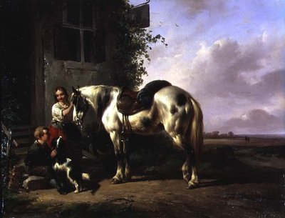 Exterior of an Inn with Young Girl, Boy, Dog, Horse by Wouterus Verschuur