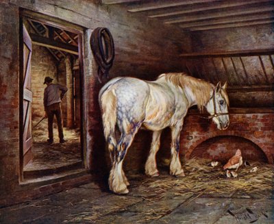 At the End of the Day: Horse in the Stables as a Man Mucks Out by Wright Barker
