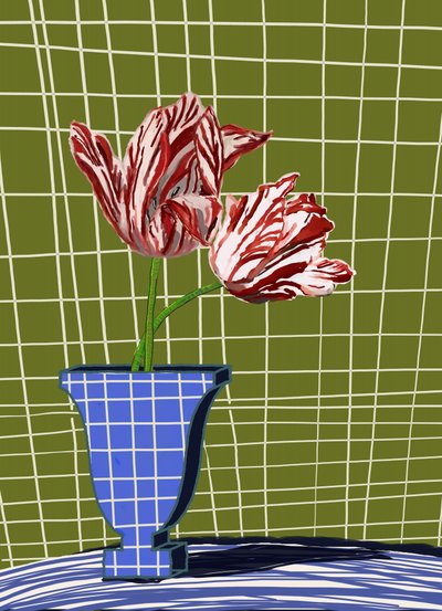 Striped Tulips in Blue Vase by XHOZUCAN