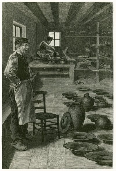 The potter of Terneuzen, in his workshop, clogged with vases and dishes, near the window, the potter works the clay on the harness and his apprentice, below, works the turn. Engraving by X.Mellery, after nature, to illustrate the story 