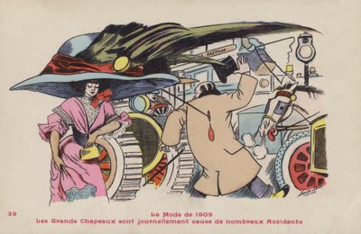 Postcard satirising the dangers of large hats and associated hat pins - the fashion of 1909 by Xavier Sager