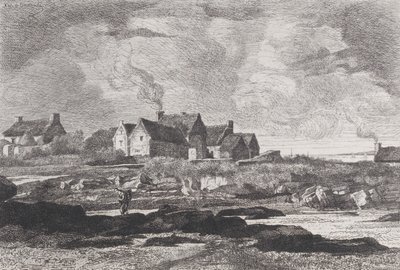 Country landscape with a river running at right and houses in the background by Xavier de Dananche
