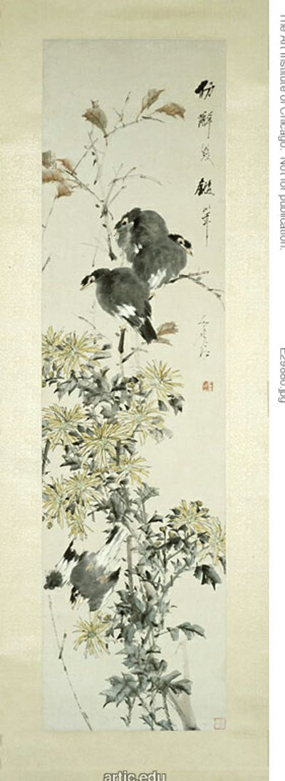 Crested Myna Birds and Chrysanthemums by Xugu