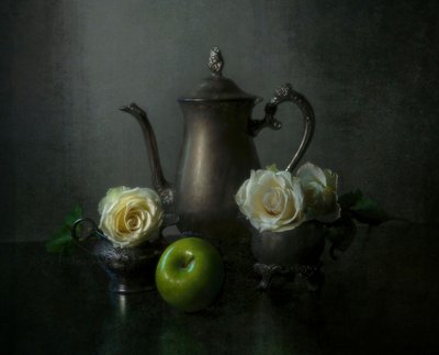 Silver Teapot White Roses by Yinan F.