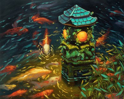 Stone Lantern with Koi Fish by Yue Zeng