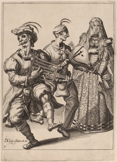A Veiled Woman with Two Musicians Playing a Gridiron and a Bellows by Zacharias Dolendo after Jacques de Gheyn II