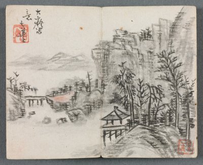 Miniature Album with Figures and Landscape Cliff Landscape with Bridge by Zeng Yangdong