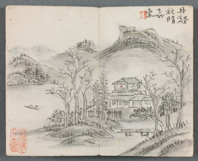 Miniature Album with Figures and Landscape: Landscape with Hill, House, Boat and Bridge, 1822 by Zeng Yangdong
