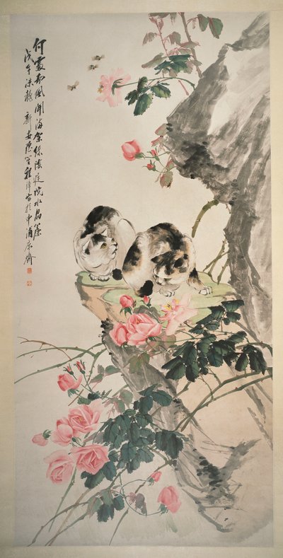 Cats on a Rock with Roses by Zhang Cheng