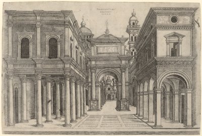 A Street with Various Buildings, Colonnades and an Arch by Zoan Andrea after Donato Bramante