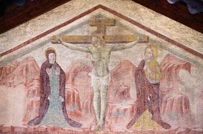 Fresco with Crucifixion in tympanum of Church of St Anthony, Romeno, Italy by William Walcutt