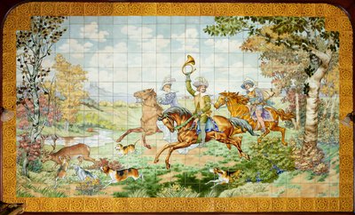 Interior View, Tile Panel, Painter Furcy Ernest Tondeur, Executor Boch Frères La Louvière, First Panel, Hunting Scene with Three Horsemen by . .