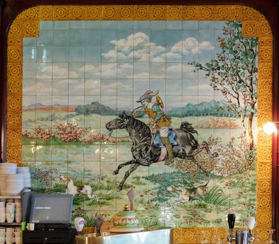 Interior View, Tile Panel, Painter Furcy Ernest Tondeur, Executor Boch Frères La Louvière, Second Panel Shows Hunting Scene with Galloping Rider with Hunting Horn by . .
