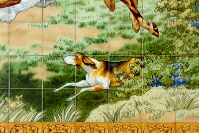 Interior View, Tile Panel, Painter Furcy Ernest Tondeur, Executor Boch Frères La Louvière, First Panel, Hunting Scene with Three Horsemen (Detail) by . .