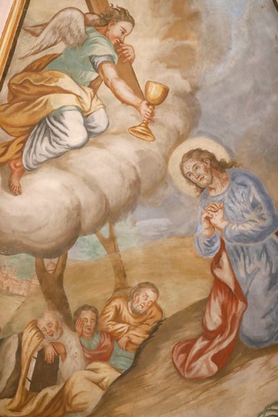 Jesus praying in the garden of Gethsemane after the Last Supper, while the disciples sleep (Notre Dame de l