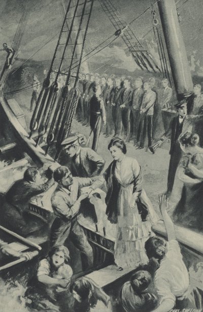The men of the Birkenhead stand to attention while the ship goes down in the waters by after Charles Mills Sheldon