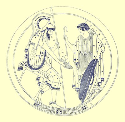 A Seated Warrior Holds His Wine Cup, illustration from Greek Vase Paintings by J. E. Harrison and D. S. MacColl, published 1894 by after English School
