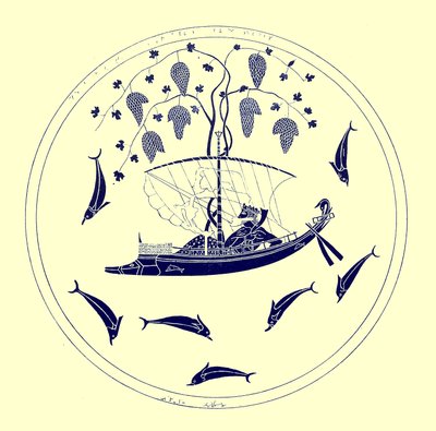 Dionysus at Sea, illustration from Greek Vase Paintings by J. E. Harrison and D. S. MacColl, published 1894 by after English School