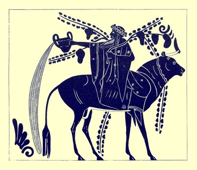 Dionysus Riding a Bull, illustration from Greek Vase Paintings by J. E. Harrison and D. S. MacColl, published 1894 by after English School