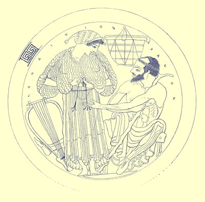 Interior of Cylix by Euphronios, illustration from Greek Vase Paintings by J. E. Harrison and D. S. MacColl, published 1894 by after English School