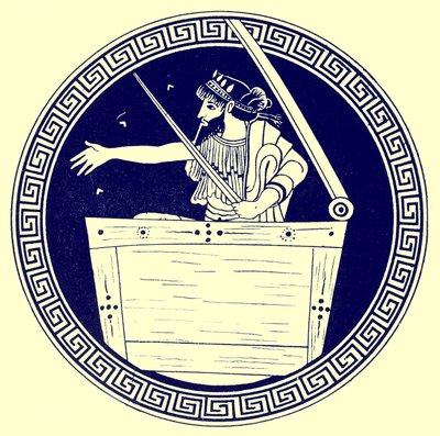 Thoas in the Chest, illustration from Greek Vase Paintings by J. E. Harrison and D. S. MacColl, published 1894 by after English School