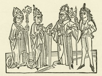 The Holy Roman Emperor and the Pope, accompanied by a knight and a bishop, holding swords, symbolising judicial power in their lands by after German School