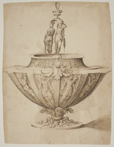A magnificent bowl with figures and marine scenes on a base encircled by snakes by after Giulio Romano