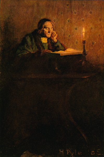A neat and shrivelled gentleman sat at a desk by after Howard Pyle