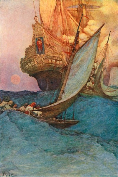 An attack on a galleon by after Howard Pyle